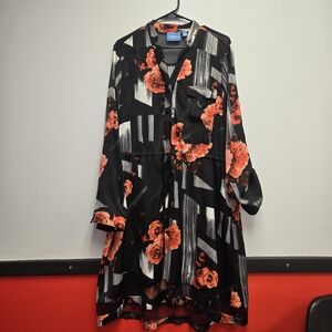 Simply Vera Vera Wang Black Red Floral Shirt Dress Mesh Detail Size XL Elegant